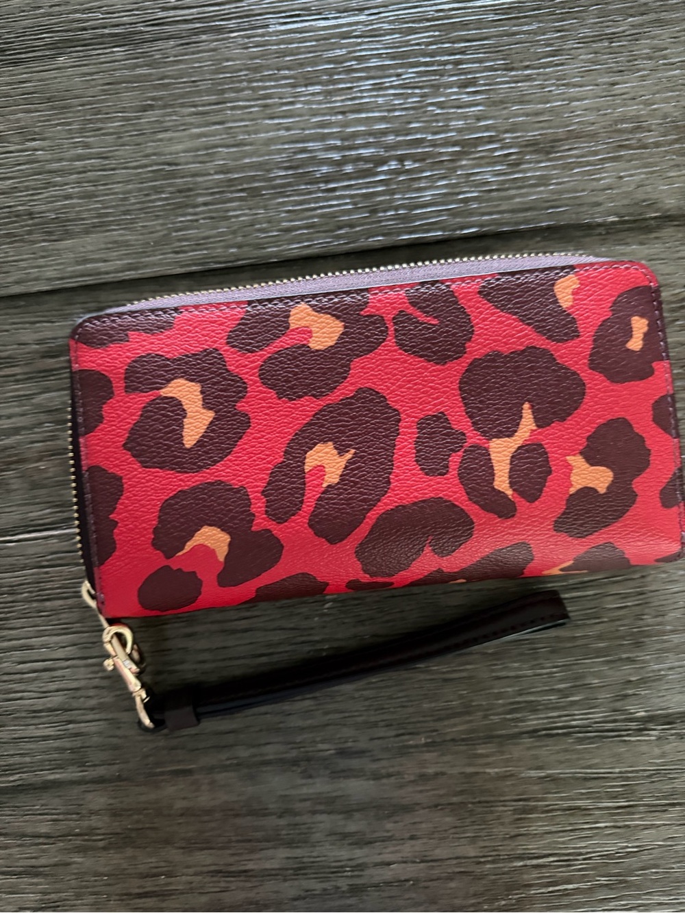 Coach Red and Brown Leopard-Print Zip Wallet Wristlet - Picture 2 of 5